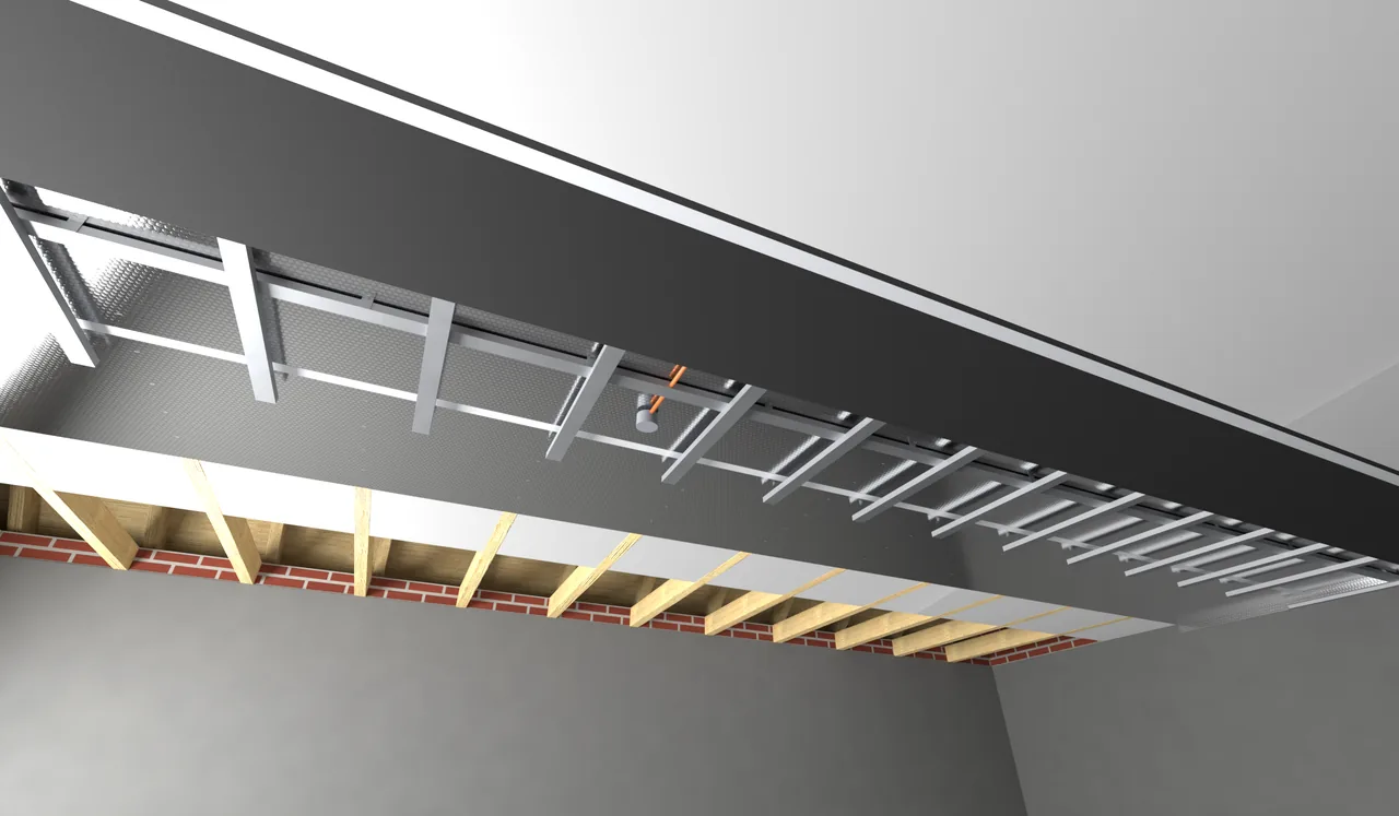 Rendering of the joist ceiling beneath a cold attic, showing the System 10 Basic layers