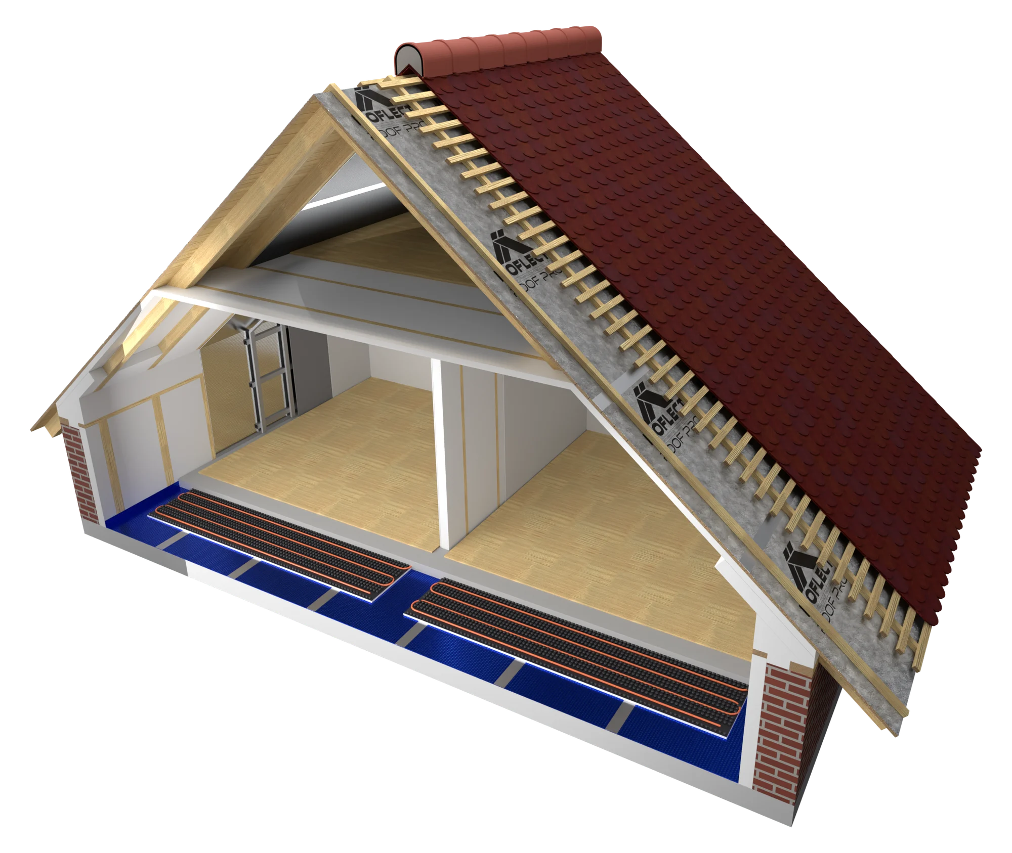 Schnitt durch das Haus: Dach, Dachgeschoss, Dachboden, Wände und Fußboden mit Isoflect-Dämmung