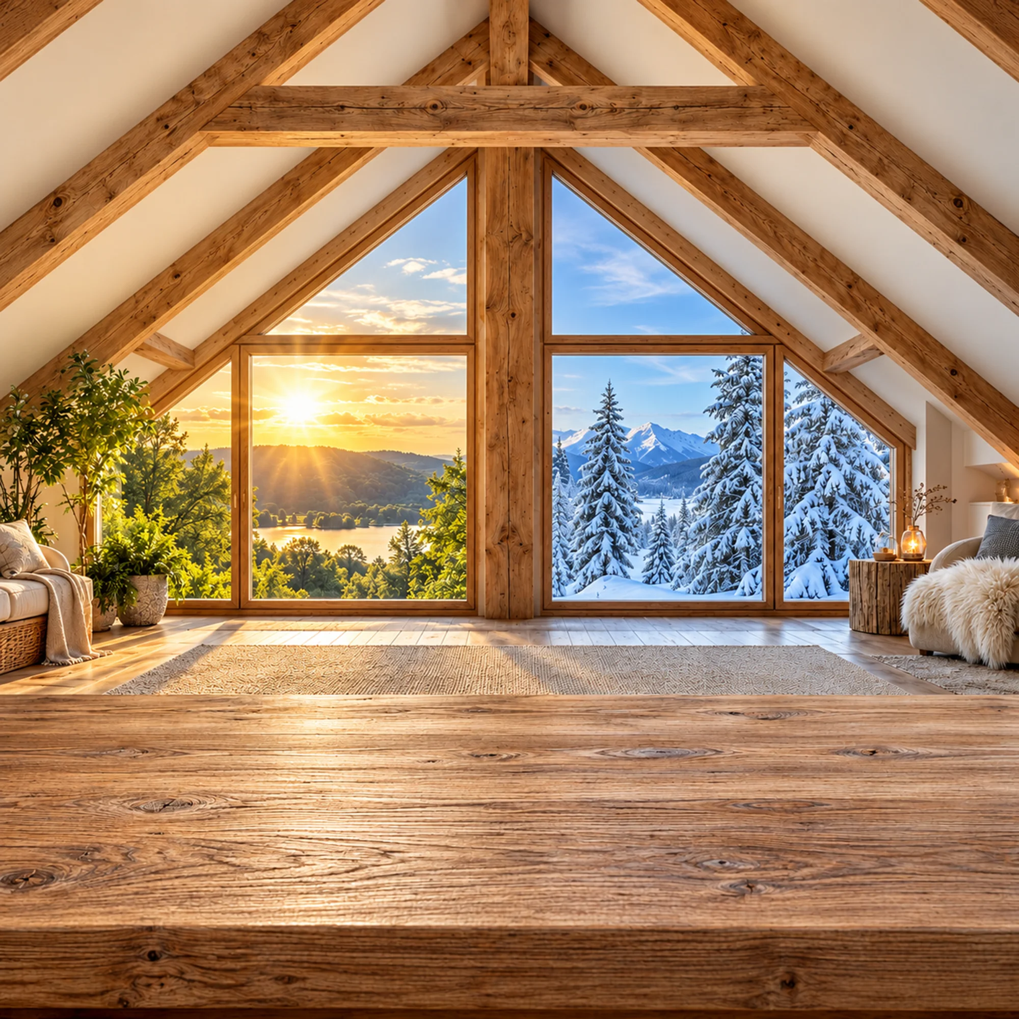Dasselbe Dachgeschoss im Sommer und im Winter: Kühle im August, Wärme im Januar